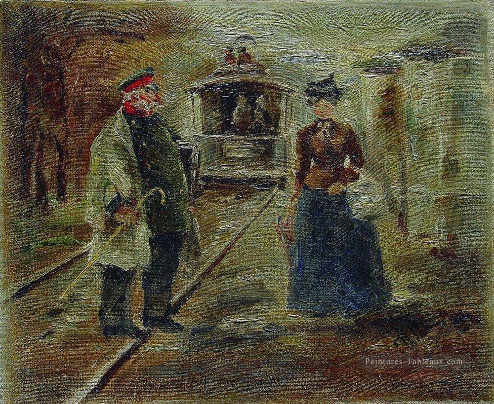 sur la plate forme de la scène de la rue de la gare avec une voiture en recul Ilya Repin Peintures à l'huile